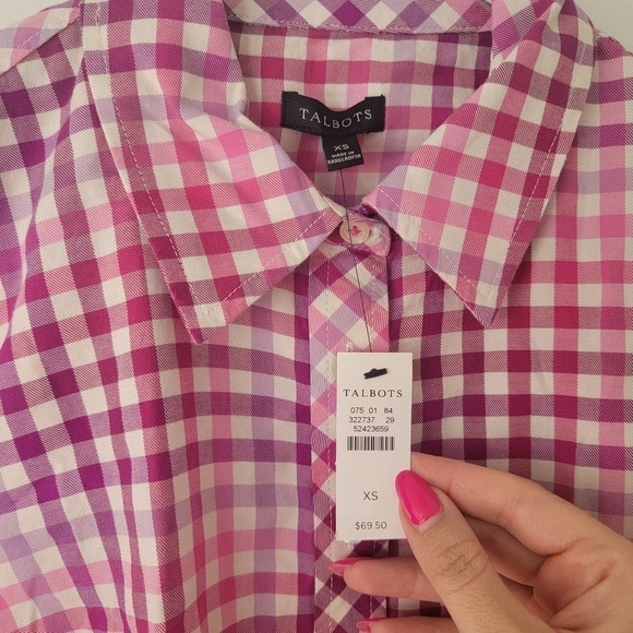 Talbots Womens XS Pink Purple Gingham Plaid Long Sleeve Button Down Cotton - Picture 2 of 7